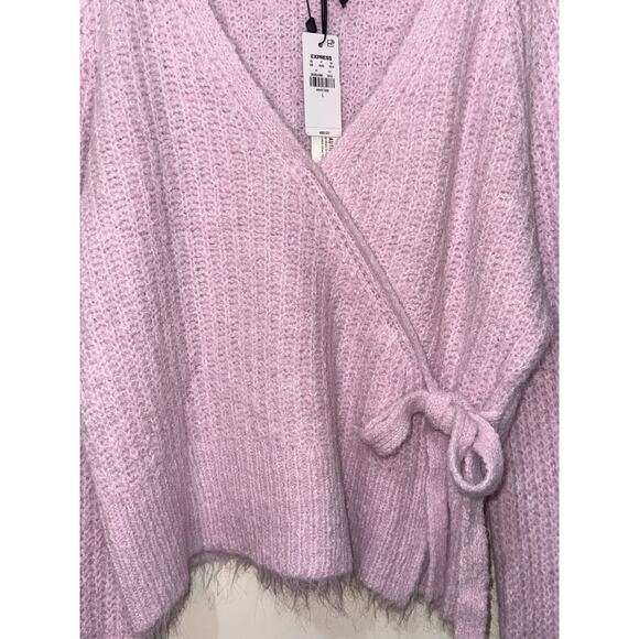Express Pink Fuzzy Ribbed Surplice Tied Sweater, Women's Size L, NWT - Picture 5 of 8